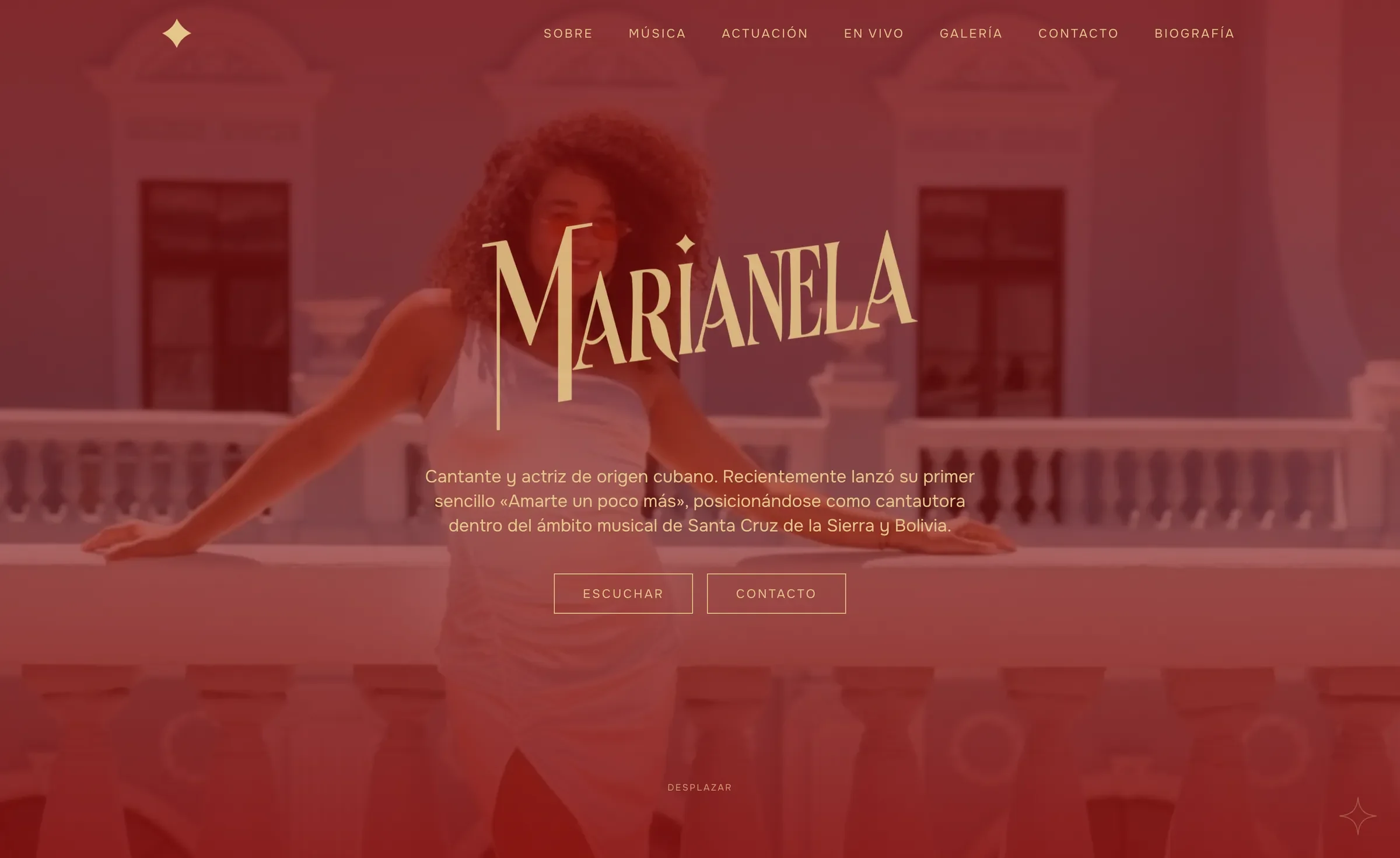 Página de Marianela Rosabal: hero editorial con su retrato, el nombre MARIANELA y acciones de escuchar y contacto.